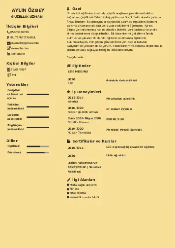 Güzellik Uzmanı Cv Örnekleri  cv indir